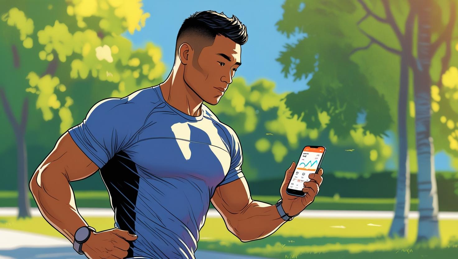 スマホのランニングアプリを見ながら、ランニングする男性画像